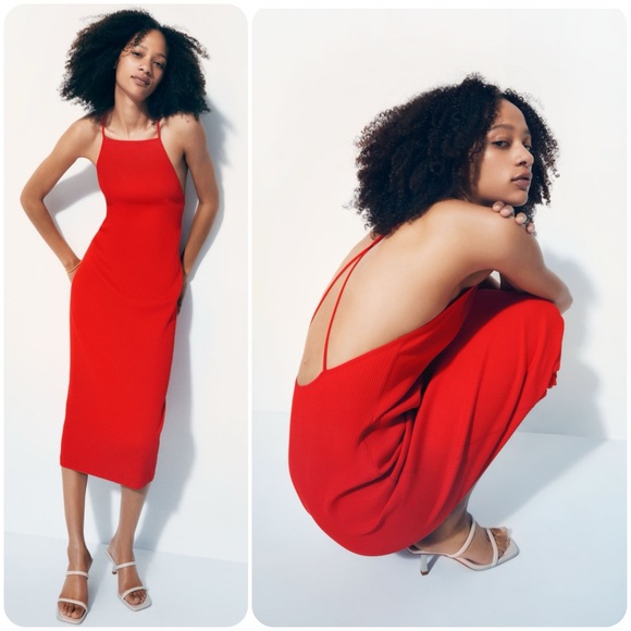 NWT! ZARA Fitted Red Strappy Ribbed Midi Dress - Picture 1 of 15